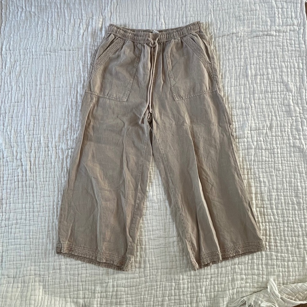 Linen Wide-Leg Cropped Pants Large